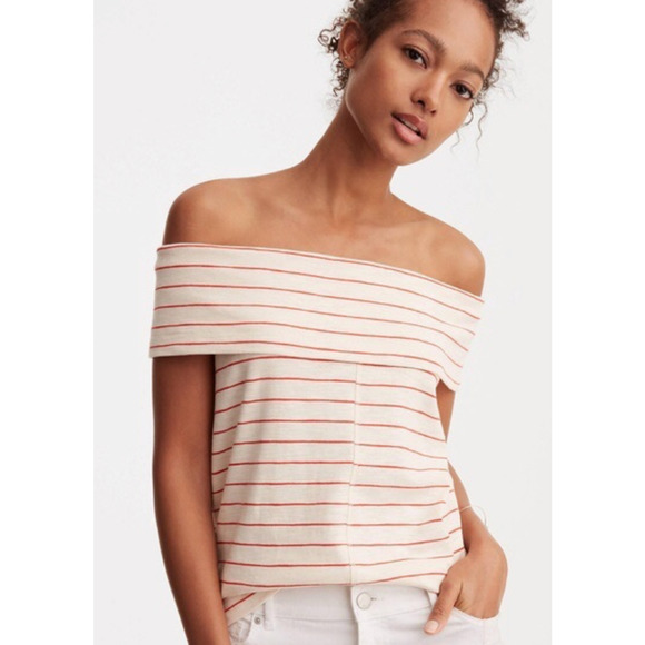 Lou & Grey Top Womens S Small Cream Red Striped Off The Shoulder Stretch - Picture 10 of 11